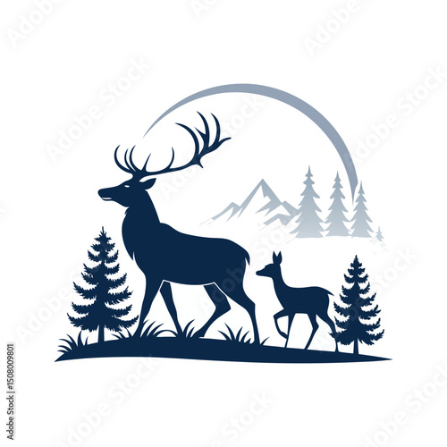 A minimalist deer iconic logo design Black and white illustration, deer head silhouette, majestic antlers, minimalist design, elegant profile, stylized wildlife art, sharp contrast, vector graphic