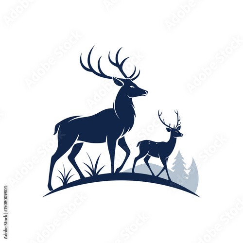 A minimalist deer iconic logo design Black and white illustration, deer head silhouette, majestic antlers, minimalist design, elegant profile, stylized wildlife art, sharp contrast, vector graphic