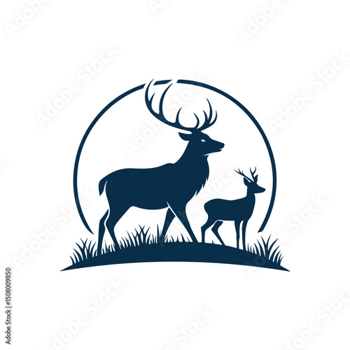A minimalist deer iconic logo design Black and white illustration, deer head silhouette, majestic antlers, minimalist design, elegant profile, stylized wildlife art, sharp contrast, vector graphic