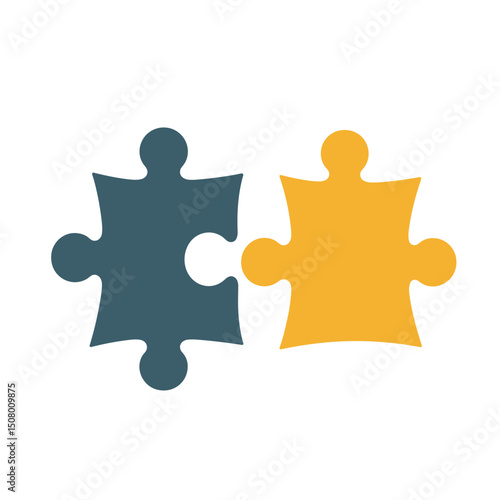 Interlocking Puzzle Pieces in Blue and Yellow Symbolizing Connection and Problem Solving, Flat Design Illustration