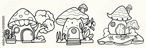 Doodle lineart Cartoon fantasy houses for fairies garden gnome houses, cute fairy tale dwarfs house. for coloring pages and tshirt kids element.