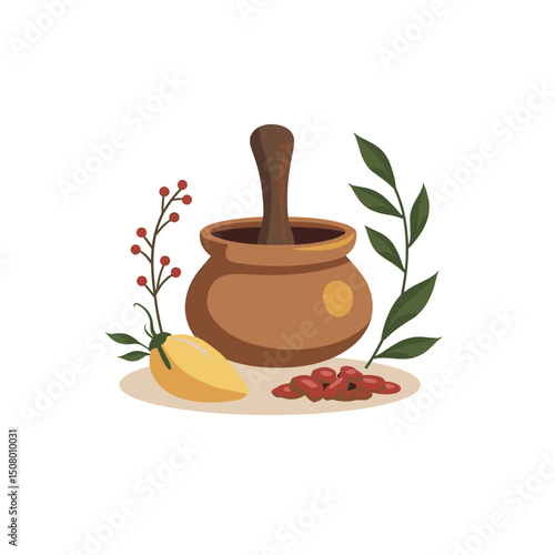 Illustration of a Mortar and Pestle with Herbs and Spices for Natural Remedies and Cooking