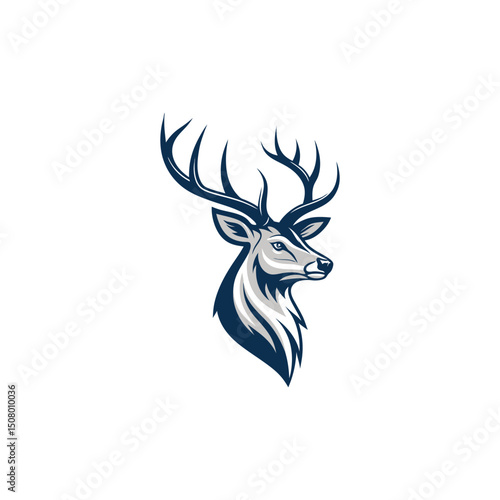 A minimalist deer iconic logo design Black and white illustration, deer head silhouette, majestic antlers, minimalist design, elegant profile, stylized wildlife art, sharp contrast, vector graphic