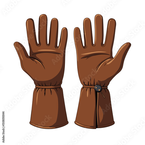 Illustration of a Pair of Brown Leather Gloves with Button Detail on White Background