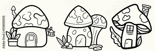 Doodle lineart Cartoon fantasy houses for fairies garden gnome houses, cute fairy tale dwarfs house. for coloring pages and tshirt kids element.
