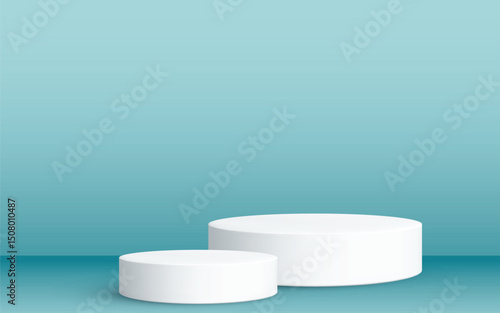 Clean and modern display featuring two white cylindrical podiums of different sizes, set against a soft gradient blue background. Ideal for product showcases, 3D rendering mockups