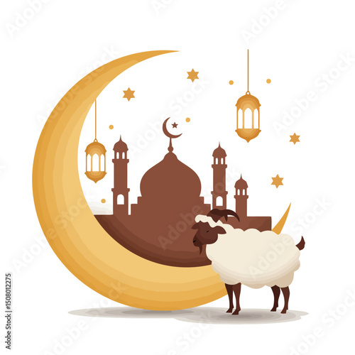 Eid al-Adha Illustration with Mosque, Moon, and Sheep