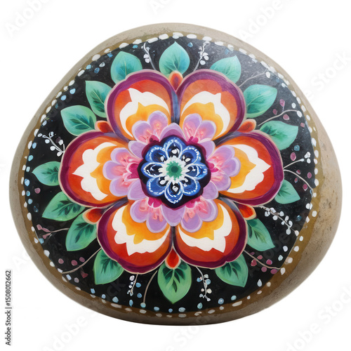 Hand-Painted Pebble Art Vibrant Floral Mandala Design