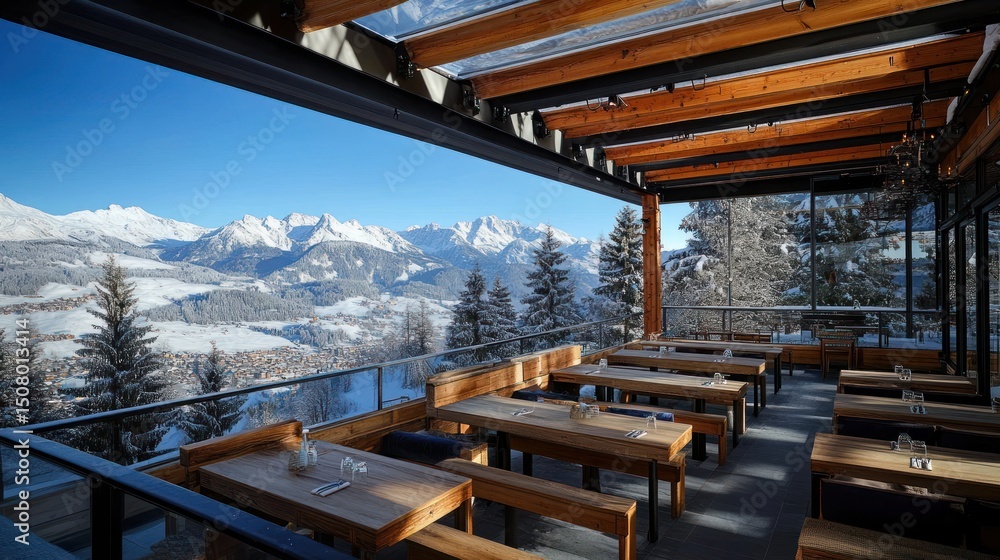 Fototapeta premium Mountain view restaurant with wooden tables and benches on a snow-covered terrace