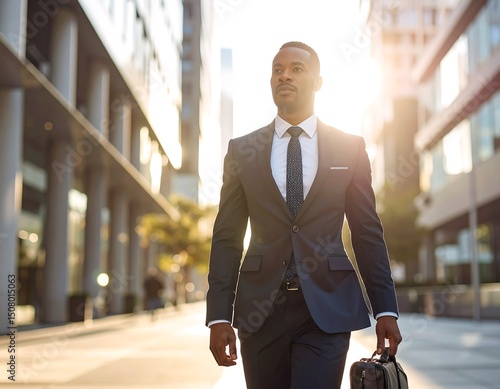 Confident businessman walking city street, sunlit