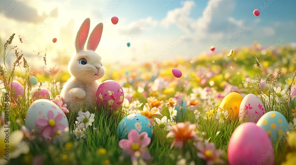 Fototapeta premium A cute bunny sits amongst colorful easter eggs in a vibrant meadow.