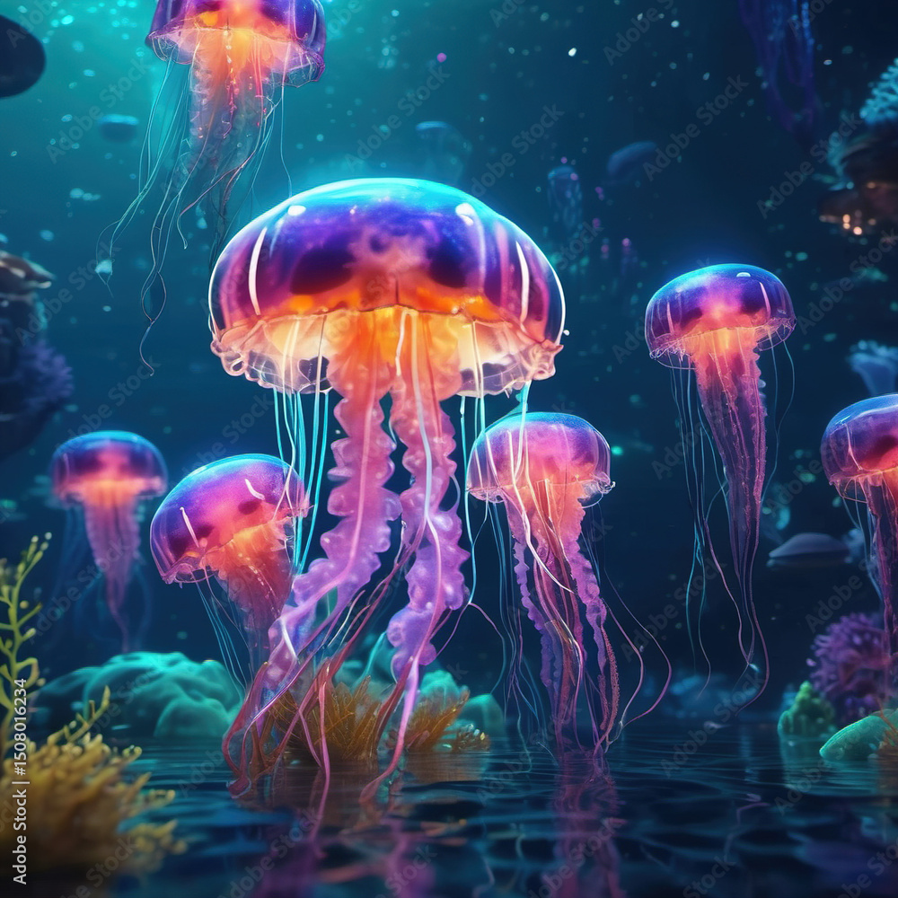 Cel-Shaded Floating Jellyfish Lagoon with Tilt-Shift Photography �C Dreamlike Underwater Scene Cel-Shaded Floating Jellyfish Lagoon with Tilt-Shift Photography �C Dreamlike Underwater Scene