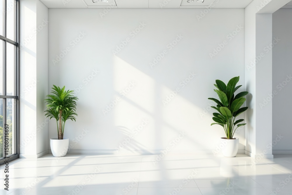 Sterile white office, large blank wall for mockup, template, clean lines Sterile white office, large blank wall for mockup, template, clean lines