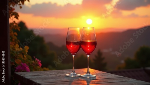 Sunset view from shared balcony, wine glasses, alcohol, togetherness