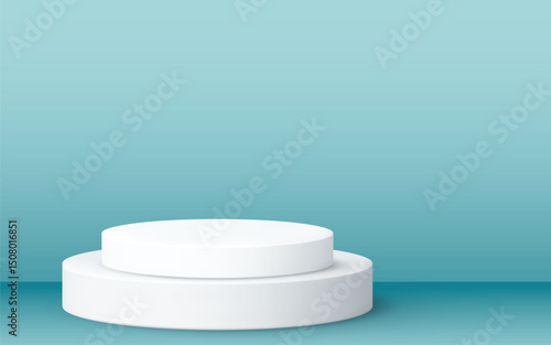 Minimalistic two-tier cylindrical podium in clean white, set against a soft blue gradient background. Ideal for product displays, 3D rendering mockups, and modern design presentations.