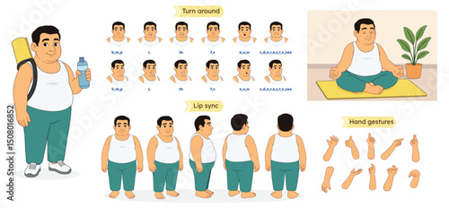 Cartoon Fat Man Character Constructor. Cartoon Fat Yoga Man Character Creator Kit. A Cartoon Yoga Man Character Model Sheet with Lip Sync, Full Turnaround, Poses & Hand Gestures for Animation and Expl