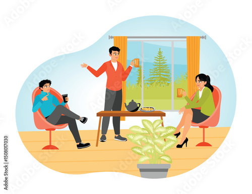 Friends Characters Meeting at Home, Drinking Tea, Eating Cookies and Having Conversation.