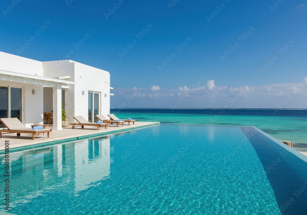Fototapeta premium Infinity pool at luxury villa overlooking turquoise ocean on sunny day