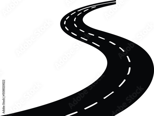 An outlined winding asphalt road with dashed dividing lines curves across a white plane