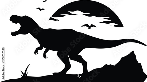 Angry tyrannosaurus silhouette stands on rocky ground while birds fly near the moon