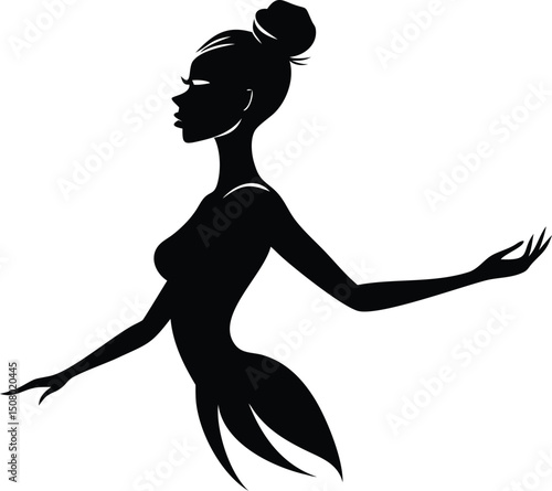 Beautiful woman silhouette with elegant pose and updo is shown against a white background