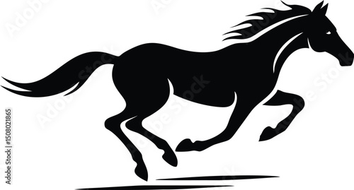 Black horse leaps powerfully across a white backdrop, showcasing its muscular body and flowing mane