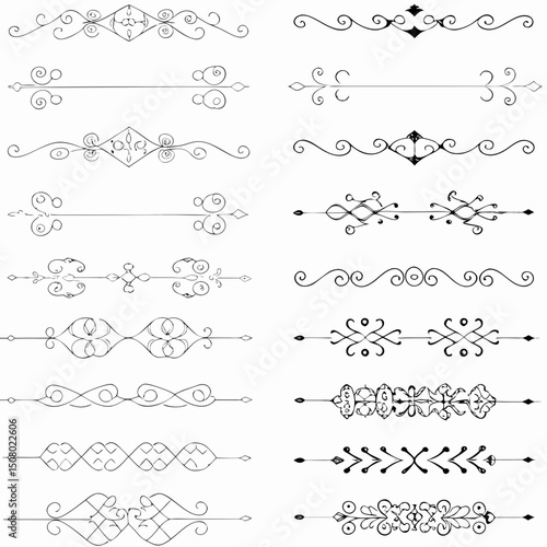 Elegant decorative dividers, Decorative lines, Ornate line separators, vintage flourish designs, whimsical borders, and charming embellishments for creative projects, invitations, and layouts.