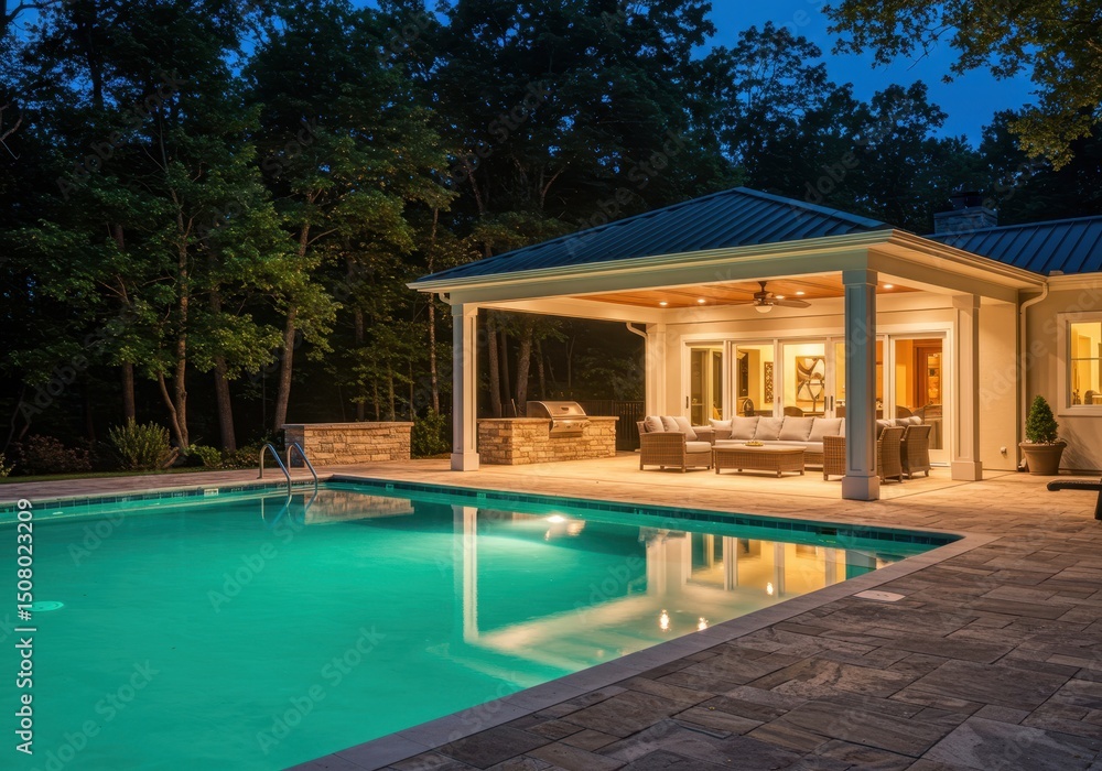 Fototapeta premium Backyard swimming pool and patio with outdoor kitchen at dusk, surrounded by trees