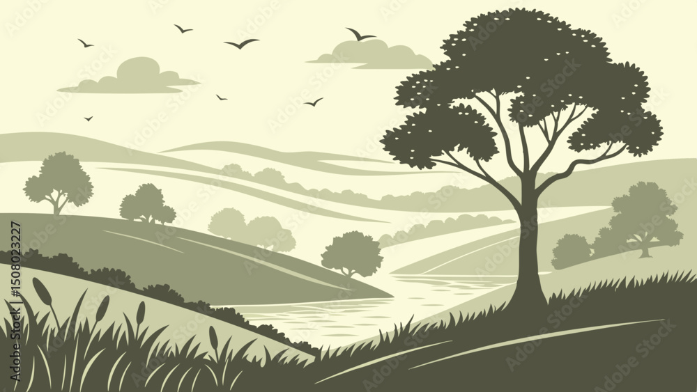 Obraz premium vector illustration of a peaceful landscape