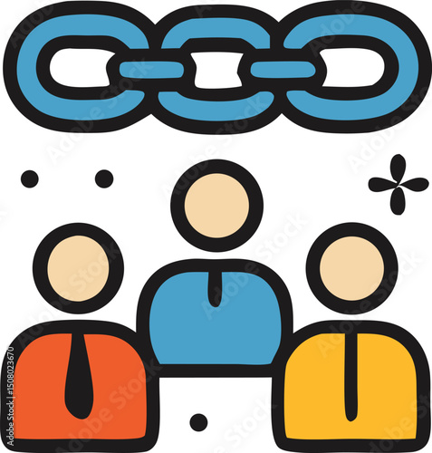 Three figures stand under a link chain