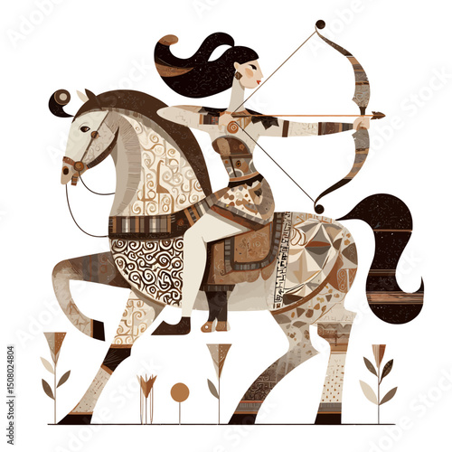 A centaur with bow and arrow, styled with Greek pottery patterns.