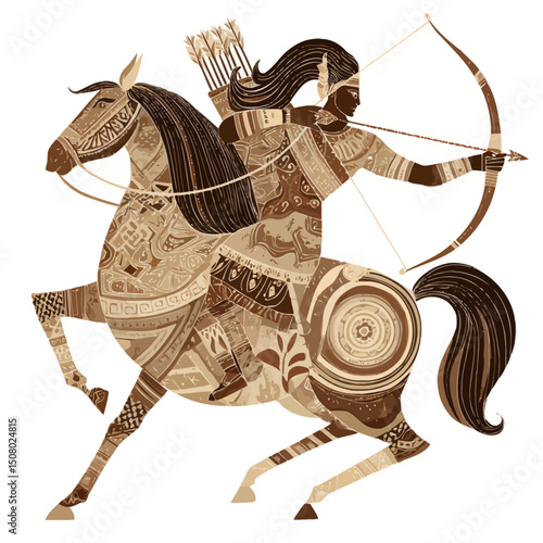 A centaur with bow and arrow, styled with Greek pottery patterns.