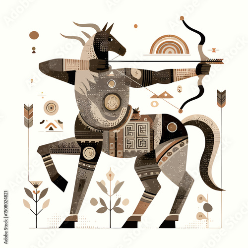 A centaur with bow and arrow, styled with Greek pottery patterns.