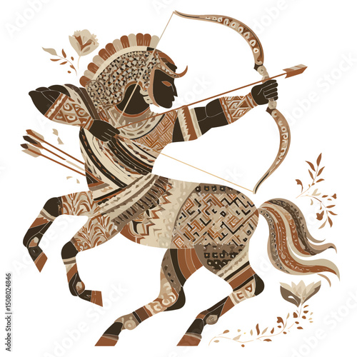 A centaur with bow and arrow, styled with Greek pottery patterns.