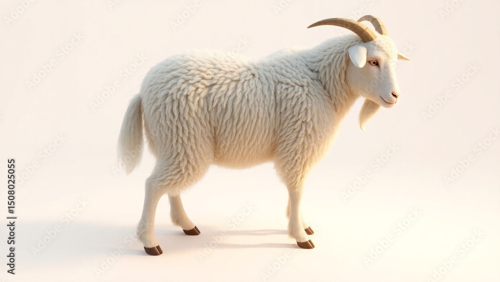 Fototapeta premium 3D Render of Cute White Goat with Horns on White Background – Cartoon Farm Animal Illustration