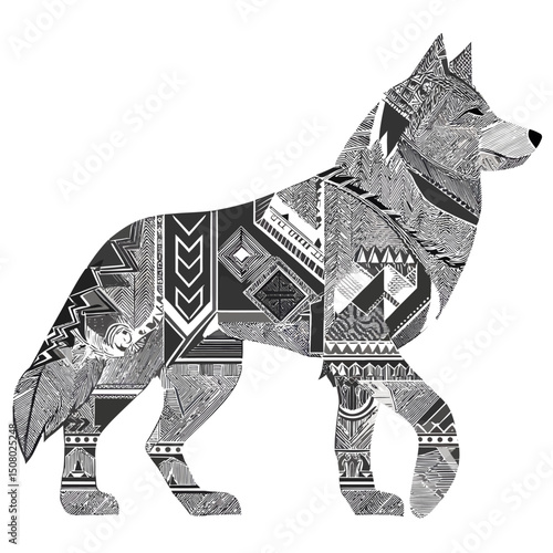 A stylized wolf with tribal patterns in black and white, symbolizing strength