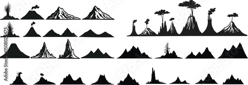A set of black silhouettes representing Iceland’s natural wonders, including volcanoes, glaciers, geysers, and mountains. 