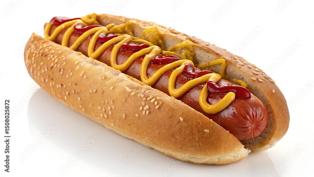 Delicious Hot Dog with Mustard and Ketchup on a Sesame Seed Bun Isolated Delicious Hot Dog with Mustard and Ketchup on a Sesame Seed Bun Isolated