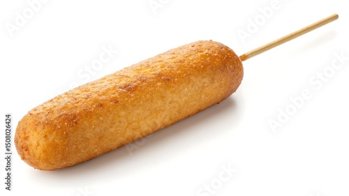 Single Corn Dog on a Stick Isolated on White Background Classic American Fair Food