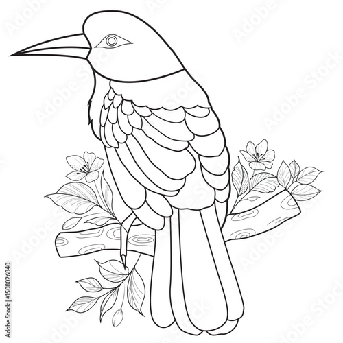 Bird perched on a branch with flowers and leaves
