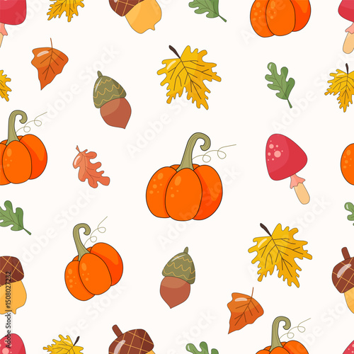 colorful autumn pattern, on autumn theme. pumpkins, mushrooms, leaves, acorns.