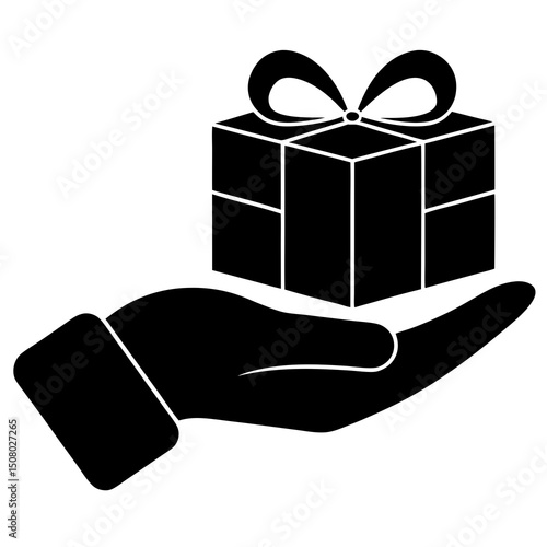 flat hand giving gift box icon on white