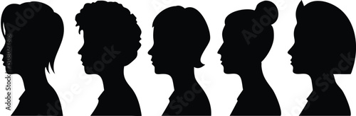 Diverse female head silhouettes show varying hair styles and necklines against a white background