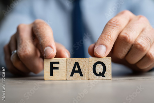 Businessman arranging wooden blocks spelling FAQ representing knowledge base, user support, and online information structure