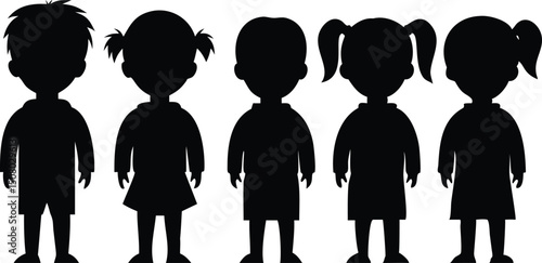 Five children's silhouettes, two boys and three girls, stand in a row against a white background