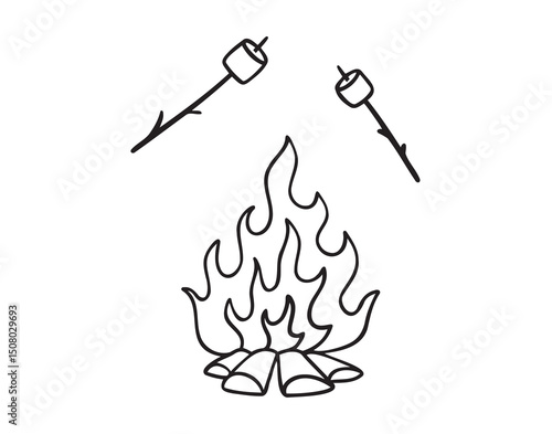 Camp marshmallow smore, Roast marshmallows over a campfire icon doodle hand drawn. Outline line drawing clipart symbol