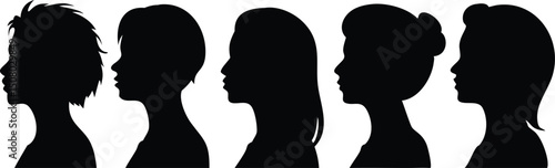 Five diverse female silhouettes with varying hairstyles present unique beauty profiles in stark monochrome