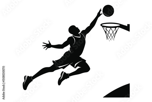 Focused basketball player leaps, aiming for the net with intense energy and perfect execution