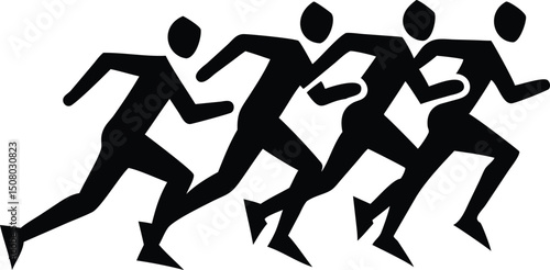 Four monochrome athletes competing in a marathon race with high energy and speed