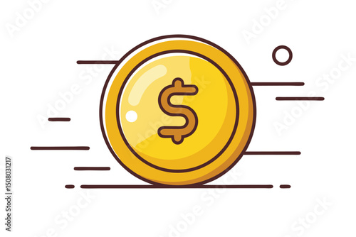 Golden coin with dollar symbol floats with motion lines on a white surface